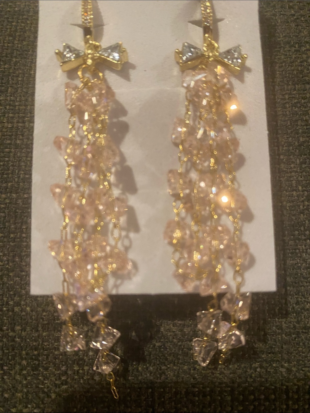 Gold Bow Blush Crystal Dangle Earrings NWOT